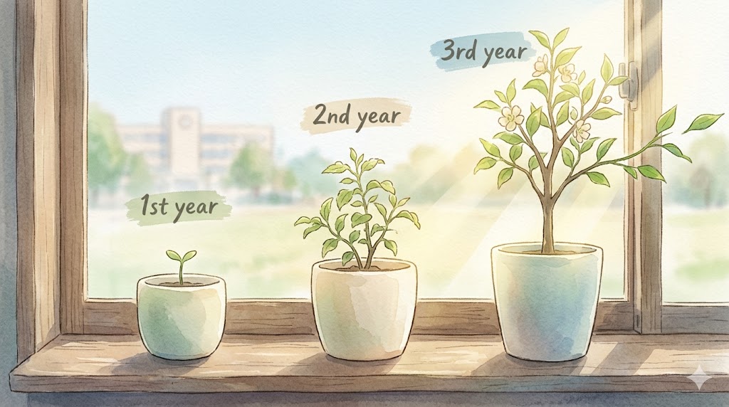 情緒支援学級（7組）での3年間の成長を象徴する、3つの鉢植えのイラスト。不登校から高校進学への希望と変化。