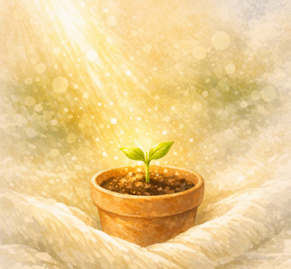 柔らかな光に包まれた小さな芽が、静かに育つ様子を描いたイラスト
